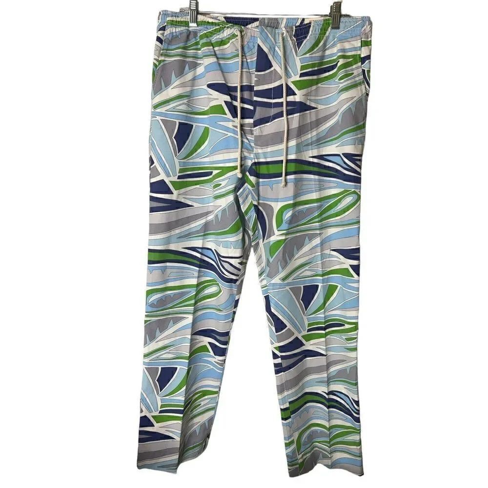 J. McLaughlin Wide Leg Pants Blue White Green Beach Print Poplin Pant Sz L NWT